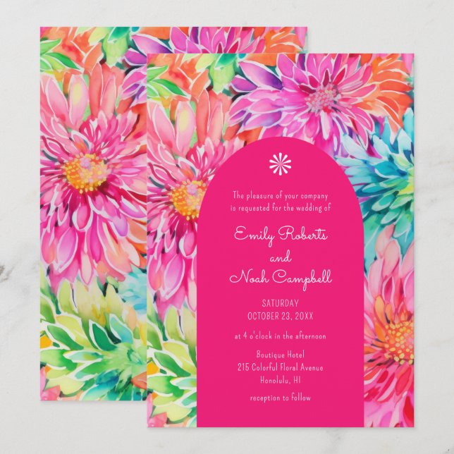 Colorful Modern Tropical Watercolor Floral Wedding Invitation (Front/Back)