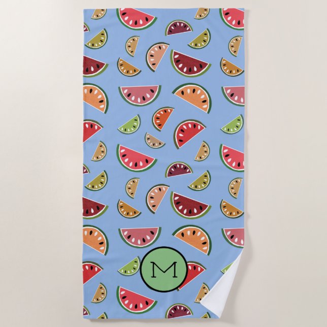 Colorful Modern Watermelon Pattern Monogram Beach Towel (Front)