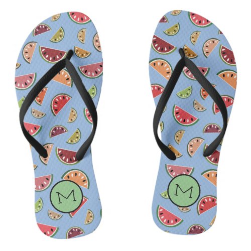 Colorful Modern Watermelon Pattern Monogram Flip Flops