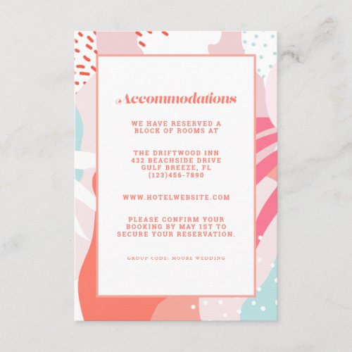 Colorful Modern Wedding Accommodation Detail Coral Enclosure Card