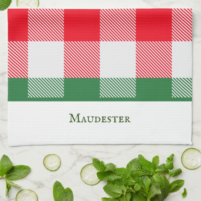 Colorful Modern White Green Red Buffalo Plaid Kitchen Towel (Folded)