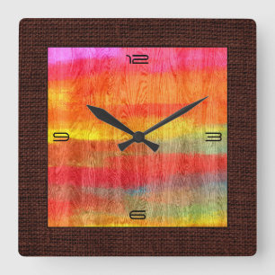 Colorful Modern Wood Grain Burlap Border #7 Square Wall Clock