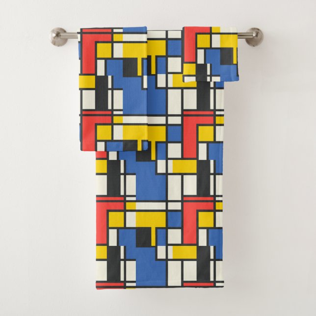 Colorful Mondrian Style Abstract Geometric Bath Towel Set (Insitu)