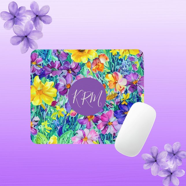 Colorful Monogram Chic Watercolor Floral Mouse Pad (Creator Uploaded)