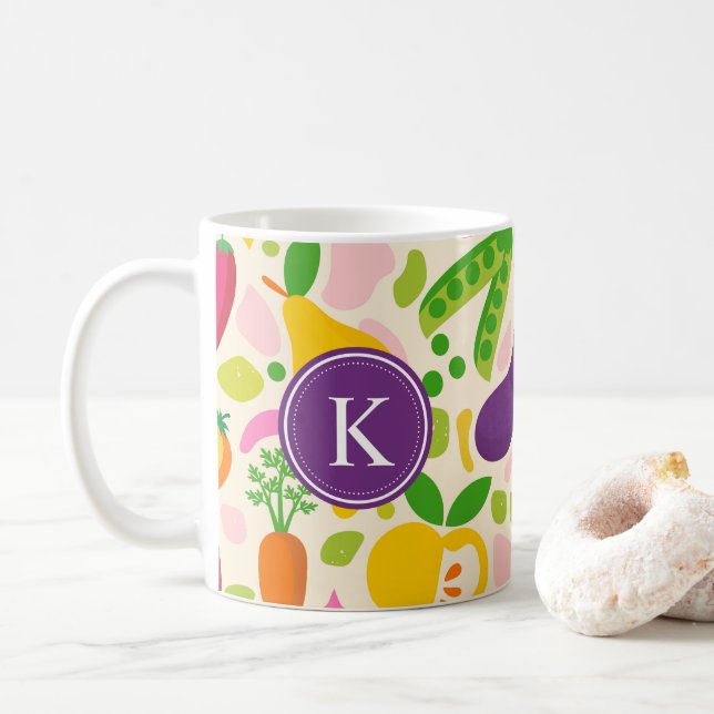 Colorful Monogram Fruits Vegetables  Coffee Mug (With Donut)