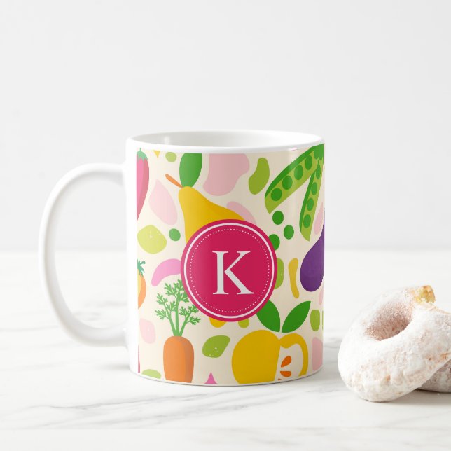 Colorful Monogram Fruits Vegetables  Coffee Mug (With Donut)