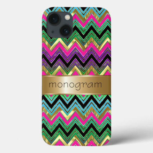 Colorful Monogram Geometric Chevron Gold Accent iPhone 13 Case