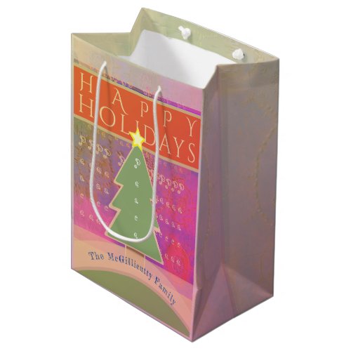 Colorful Monogram Happy Holidays Peace Medium Gift Bag