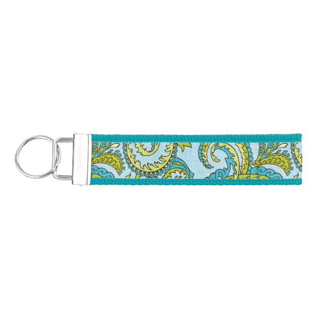 Colorful Monogram Paisley Blue Bohemian Chic Wrist Keychain (Keys on Left)