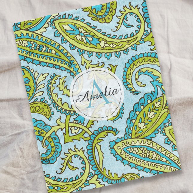 Colorful Monogram Paisley Blue Boho Chic Custom Fleece Blanket (Creator Uploaded)