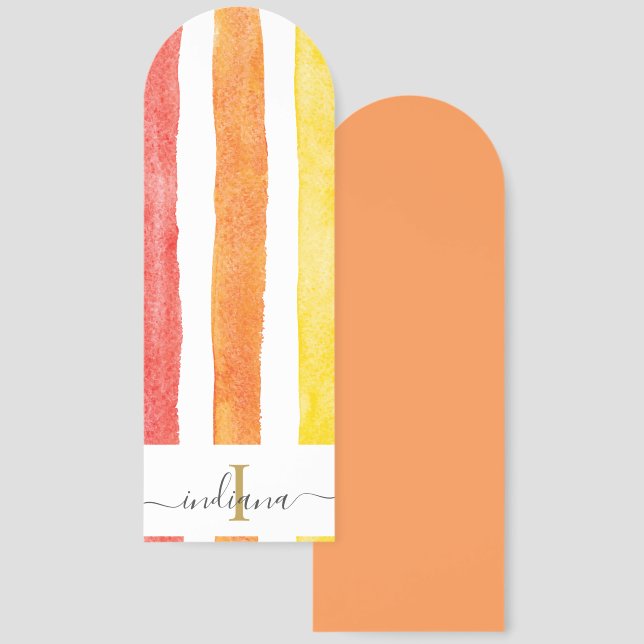 Colorful Monogram Script Name Watercolor Stripes Bookmarks (Front & Back)