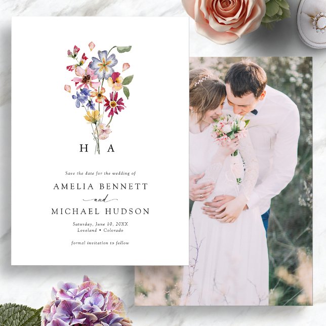 Colorful Monogrammed Photo Save The Date (Colorful Watercolor Floral Monogrammed Photo Save The Date by Painted Paperie
)