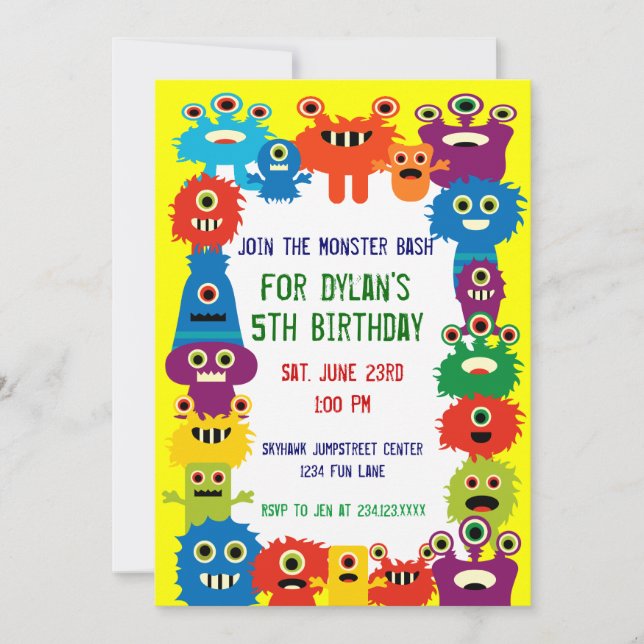 Colorful Monster Birthday Party Invitations Yellow (Front)