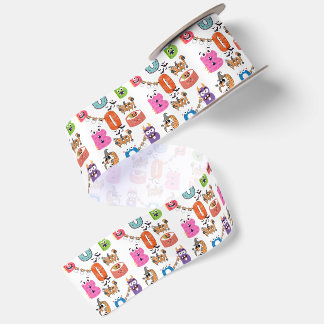 Colorful Monster “BOO” Halloween Cartoon Design Satin Ribbon