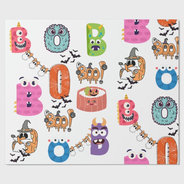Colorful Monster “BOO” Halloween Cartoon Design Wrapping Paper (Flat)
