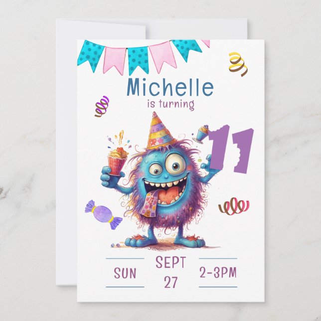 Colorful Monster Eleven Year Birthday Invitation (Front)