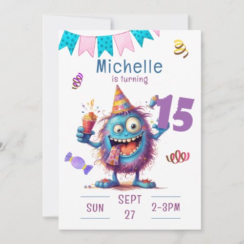 Colorful Monster Fifteen Year Birthday Invitation