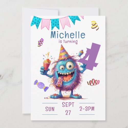 Colorful Monster Four Year Birthday Invitation