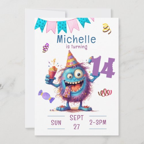 Colorful Monster Fourteen Year Birthday Invitation