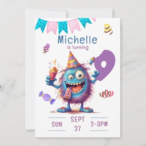 Colorful Monster Nine Year Birthday Invitation