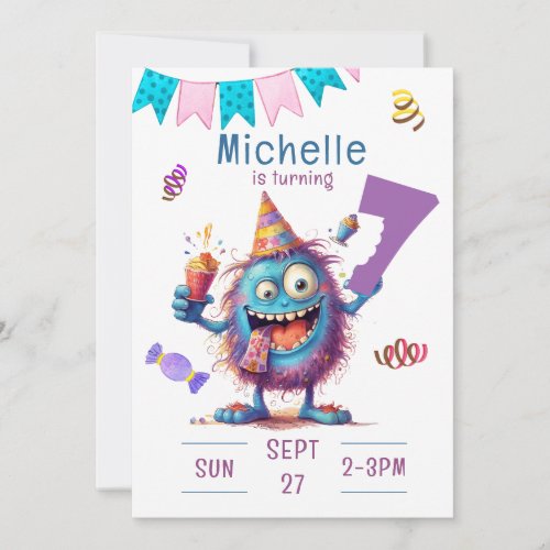 Colorful Monster Seven Year Birthday Invitation