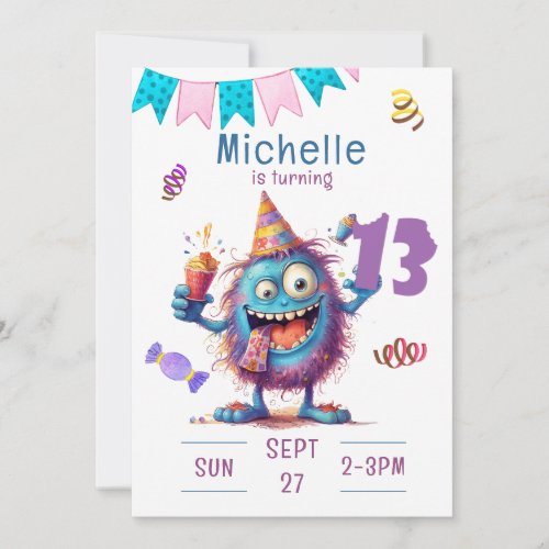 Colorful Monster Thirteen Year Birthday Invitation