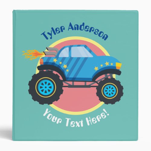 Colorful Monster Truck DIY Name  Extra Text 3 Ring Binder