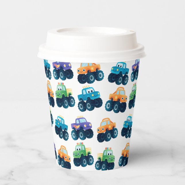 Colorful Monster Truck Pattern Birthday Paper Cups (Front)