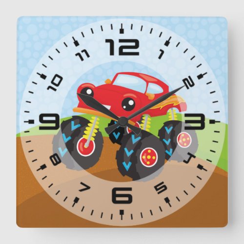 Colorful monster truck square wall clock