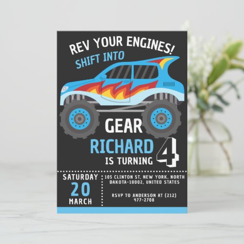 Colorful Monster Truck Themed Kids Birthday Party Invitation