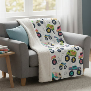 Colorful Monster Trucks Kids Bedroom Gift Sherpa Blanket