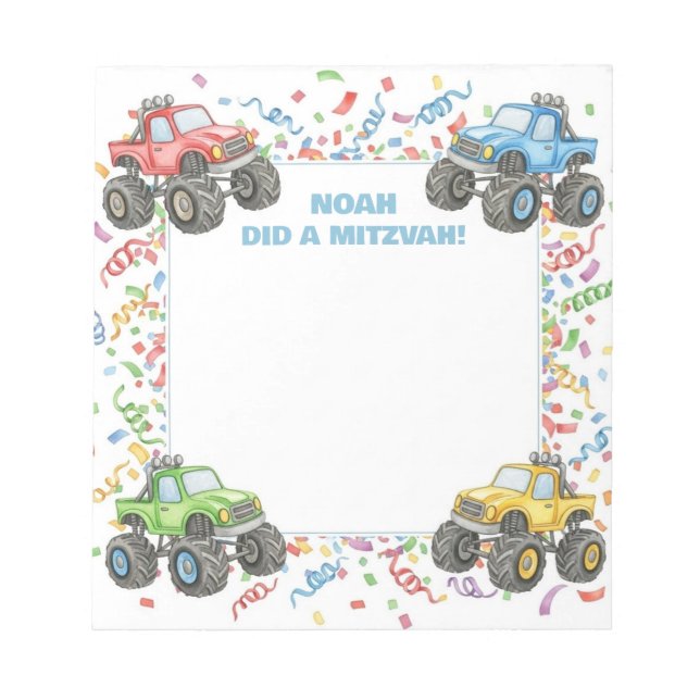 Colorful Monster Trucks Personalized Mitzvah  Notepad (Front)