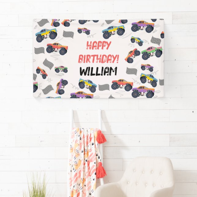 Colorful Monster Trucks Racing Kids Birthday Party Banner (Insitu)