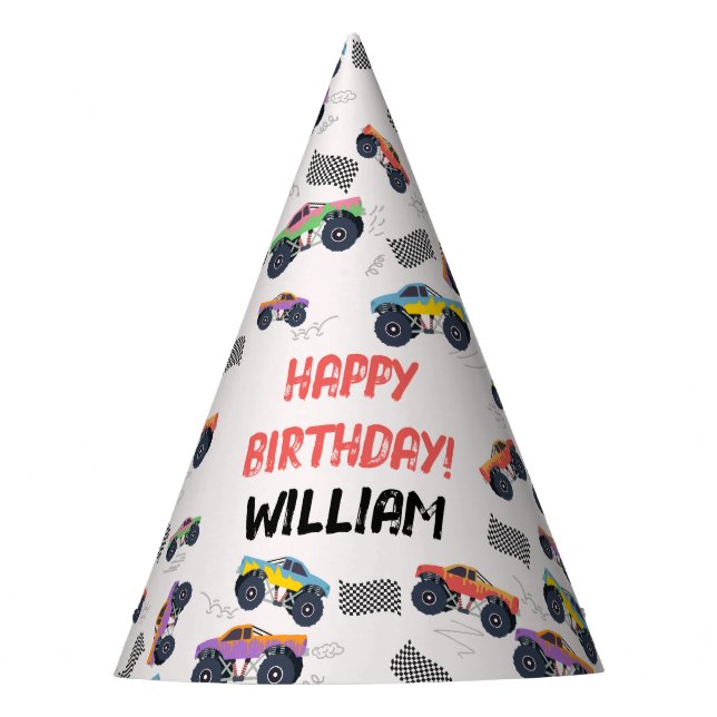 Colorful Monster Trucks Racing Kids Birthday Party Hat (Front)