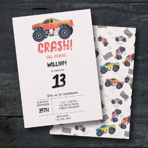 Colorful Monster Trucks Racing Kids Birthday Party Invitation