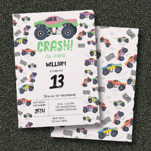 Colorful Monster Trucks Racing Kids Birthday Party Invitation