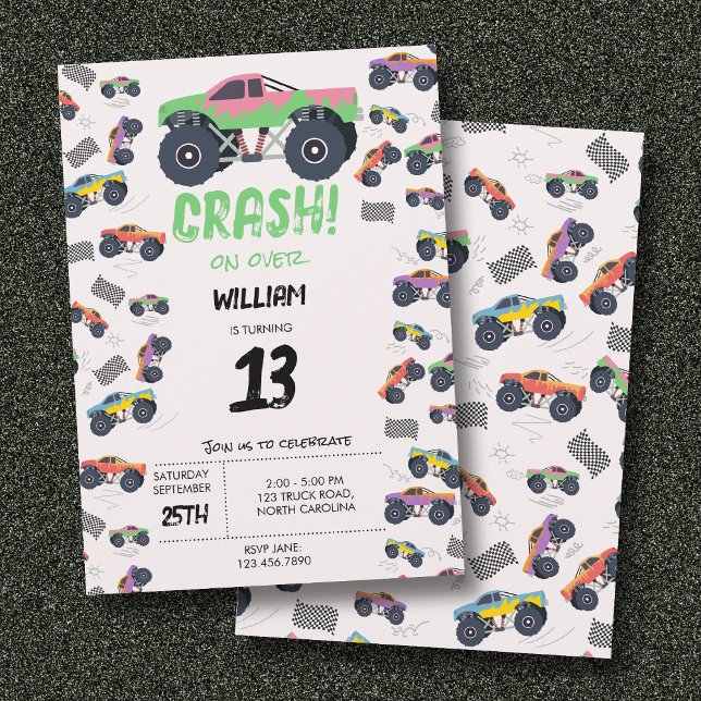 Colorful Monster Trucks Racing Kids Birthday Party Invitation (Colorful Monster Trucks Racing Kids Birthday Party Invitation)