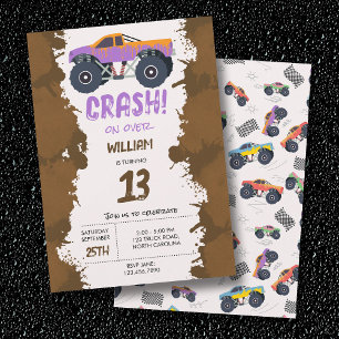Colorful Monster Trucks Racing Kids Birthday Party Invitation