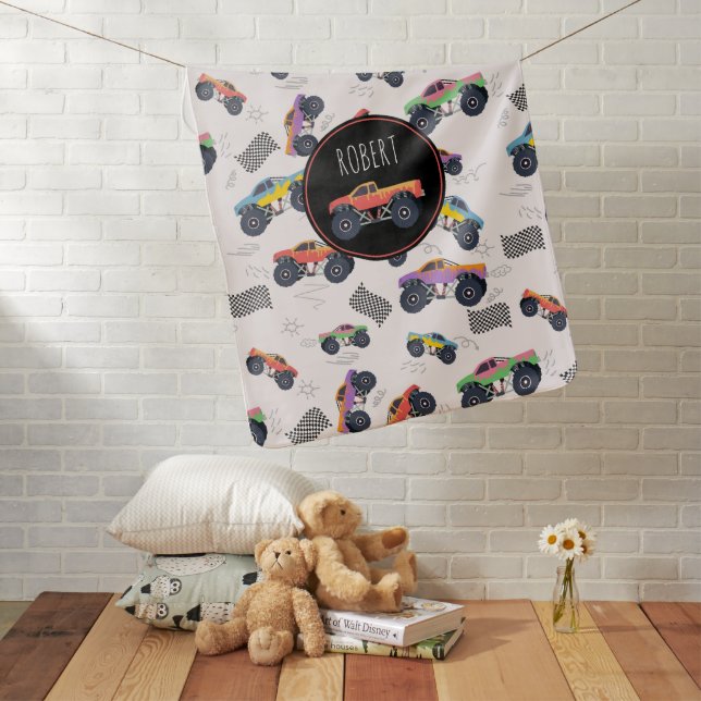 Colorful Monster Trucks Racing Kids Custom Name Baby Blanket (In Situ)