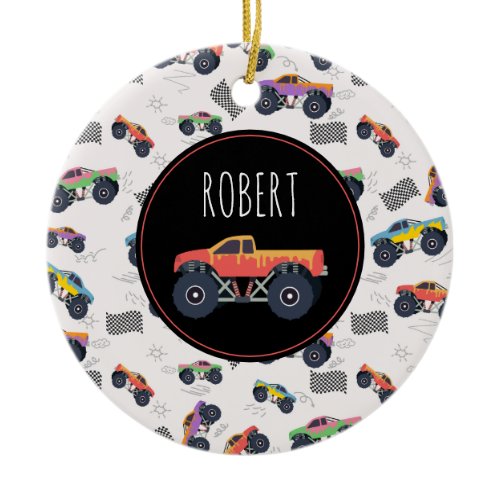 Colorful Monster Trucks Racing Kids Custom Name Ceramic Ornament