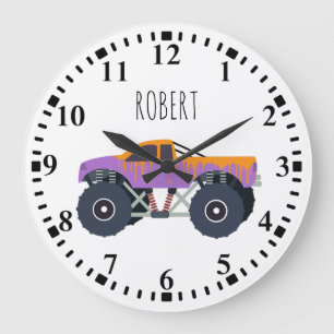 Colorful Monster Trucks Racing Kids Custom Name Large Clock