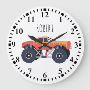 Colorful Monster Trucks Racing Kids Custom Name Large Clock