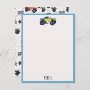Colorful Monster Trucks Racing Kids Custom Name Note Card