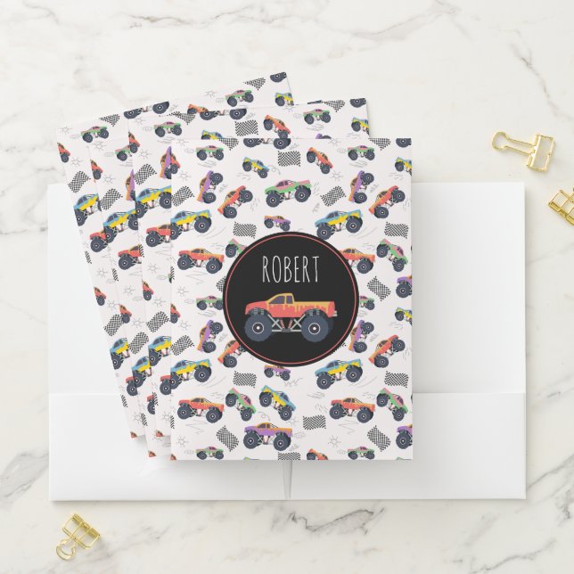 Colorful Monster Trucks Racing Kids Custom Name Pocket Folder (In Situ)