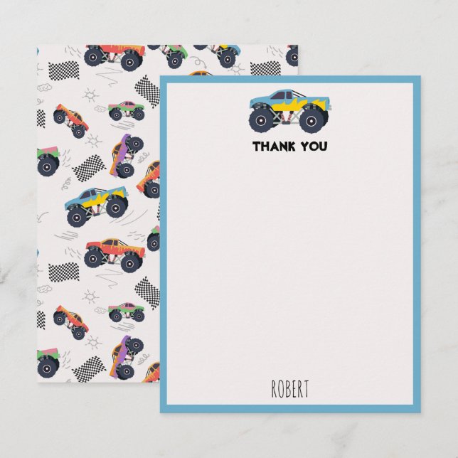 Colorful Monster Trucks Racing Kids Custom Name Thank You Card (Front/Back)