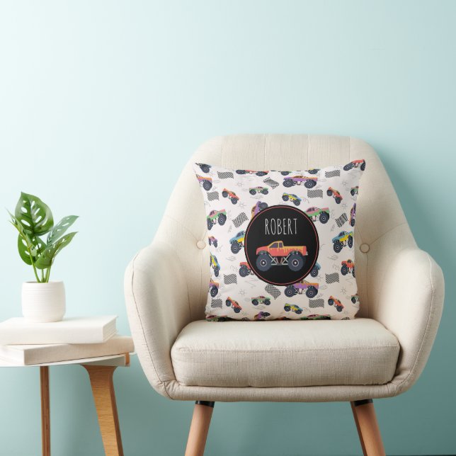 Colorful Monster Trucks Racing Kids Custom Name Throw Pillow (Chair)