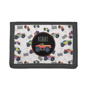 Colorful Monster Trucks Racing Kids Custom Name Tri-fold Wallet
