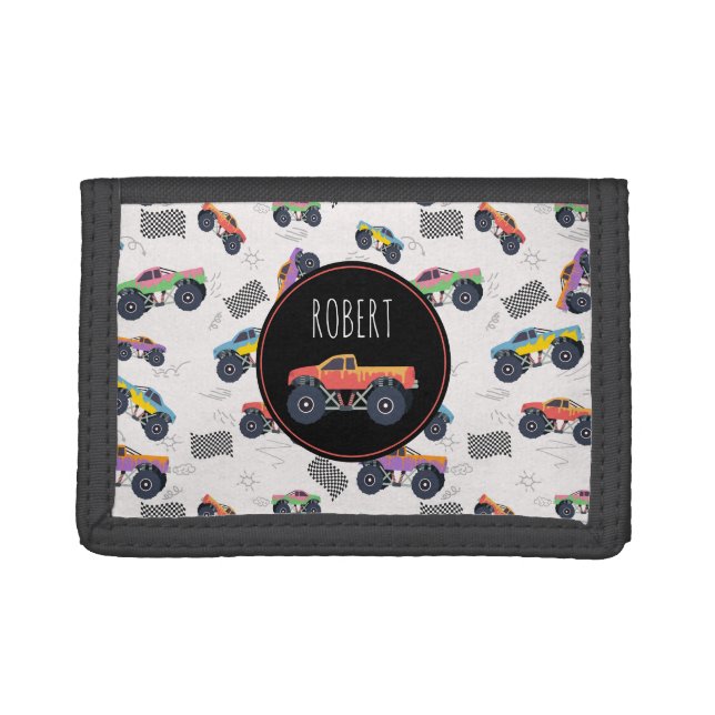 Colorful Monster Trucks Racing Kids Custom Name Trifold Wallet (Front)