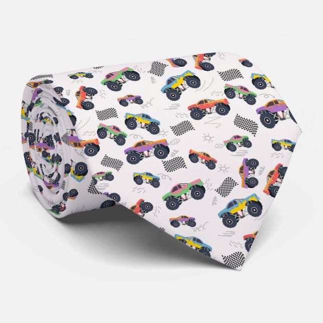 Colorful Monster Trucks Racing Kids Pattern Neck Tie (Rolled)