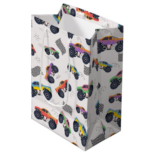 Colorful Monster Trucks Racing Pattern Medium Gift Bag (Front Angled)